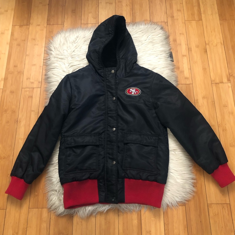 Pro Line NFL San Francisco 49ers Black Red Sherpa Fleece Hooded Mens Jacket S